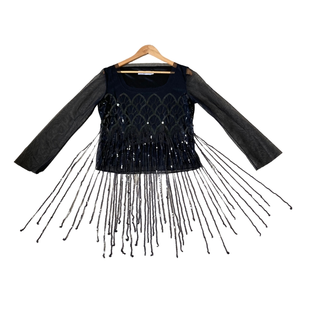 Pre-loved designer Luis Civit Women's Black Sequins Mesh Blouse UK Size 16 - Picture 3 of 17
